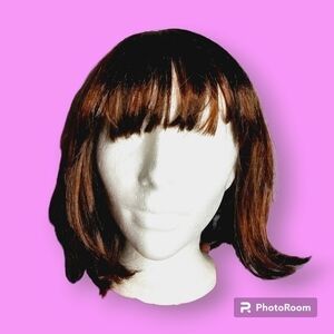 Dark Brown Bob Synthetic Wig w/ Caramel Bronze Highlights & Bangs